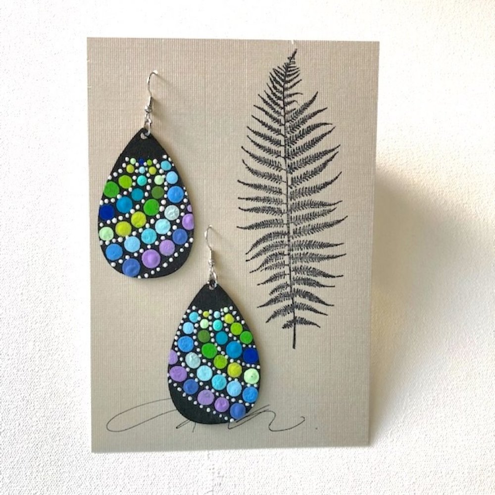 Blue, Green, Black & White Handpainted Earrings